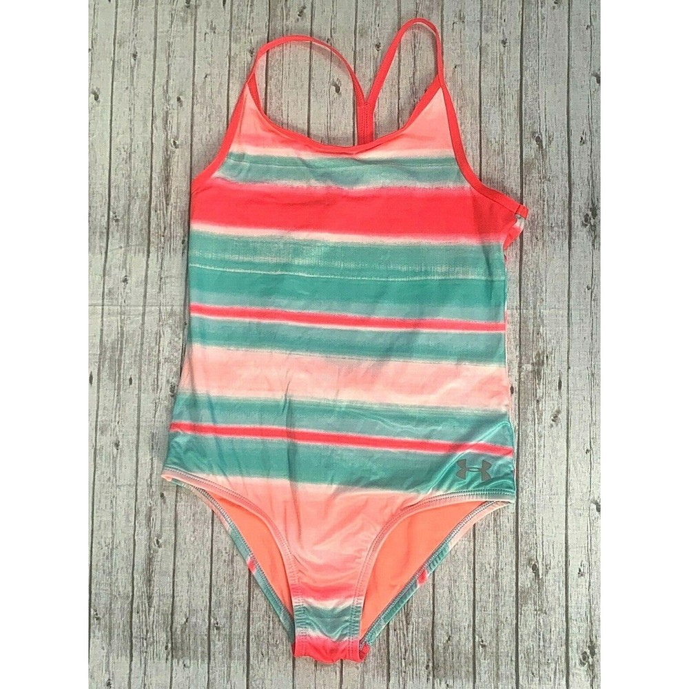 Under Armour Big Girl Heatgear Fitted One Piece Swimsuit Blue Pink Stripes Sz 14